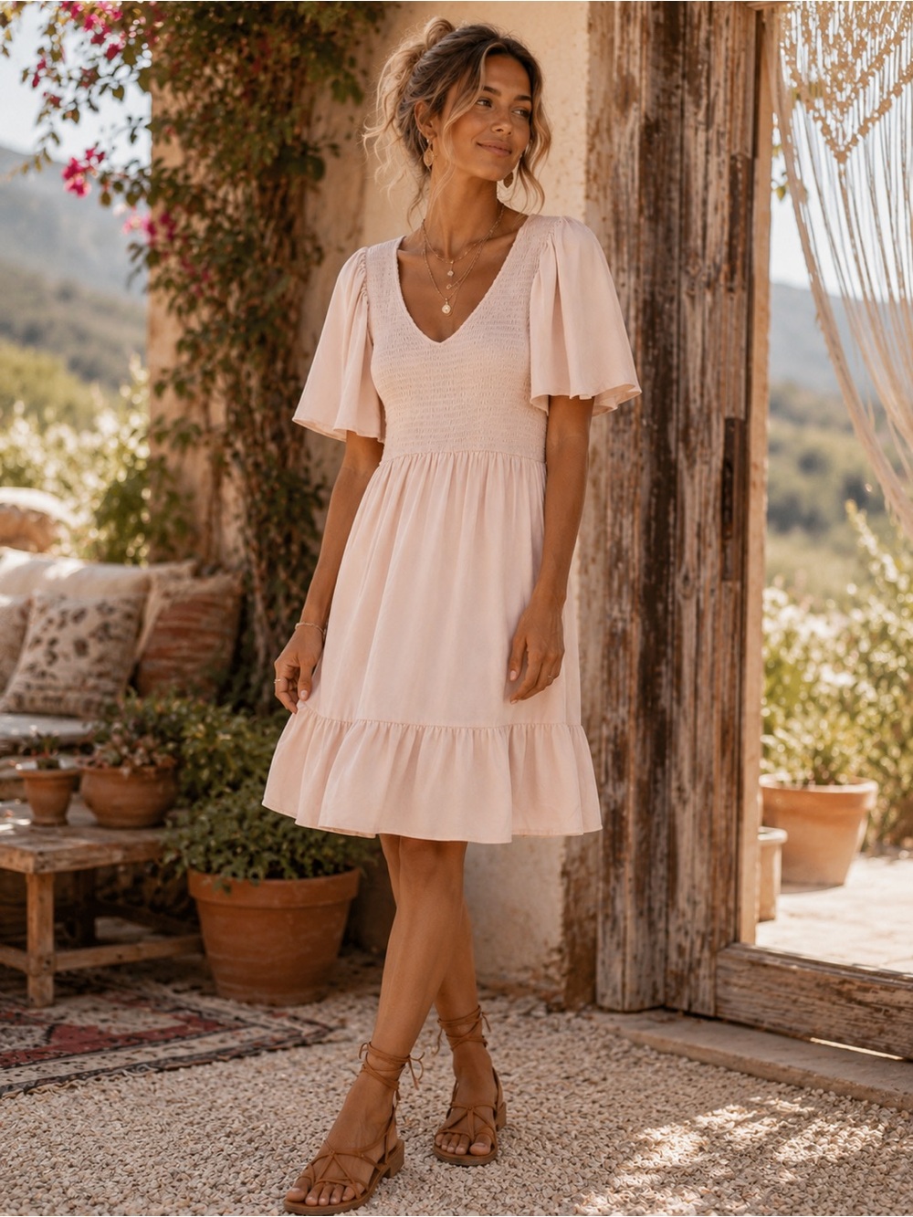 Vici Blush Pink Flutter Sleeve V-Neck Smocked Waist Dress